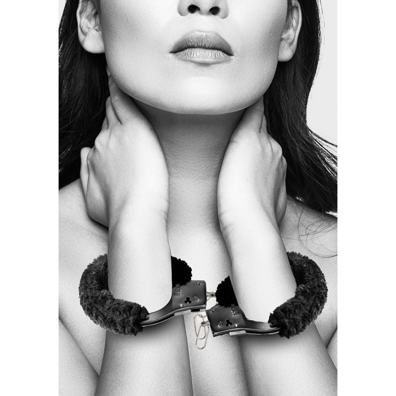 Ouch!  & white beginner's furry hand cuffs - Product front view, focus  | Flirtybay.com.au